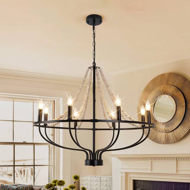 Kenwyn 8 - Light Dimmable Wagon Wheel Chandelier with Beaded Accents - Black (65cm H X 80cm W X 80cm D)