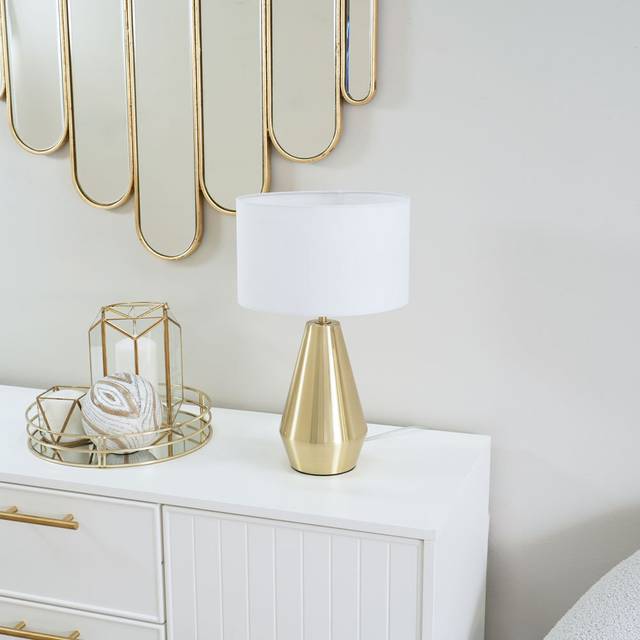 Jax Metal Dimmable Touch Table Lamp with White Fabric Drum Shade - Gold (26.5cm H X 17.5cm W X 61.5cm D)