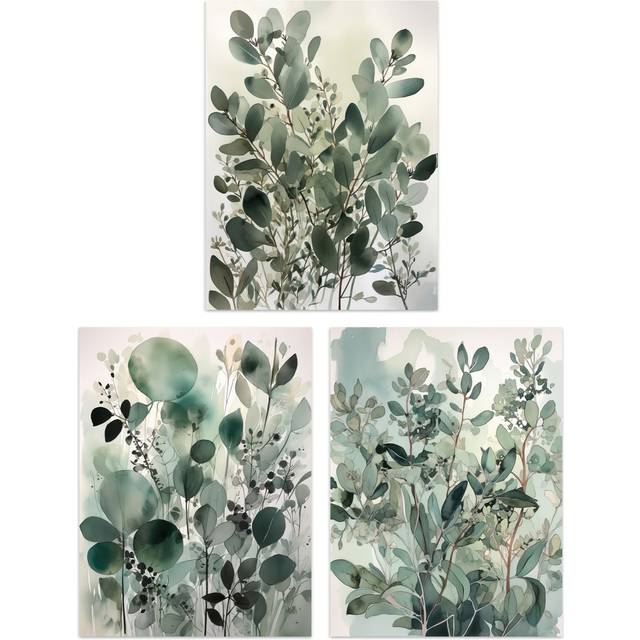 Botanical Plants Sage Green Eucalyptus Leaves - 3 Piece Unframed Art Prints Set - Multicoloured (29.7cm H x 21cm W x 0.4cm D)