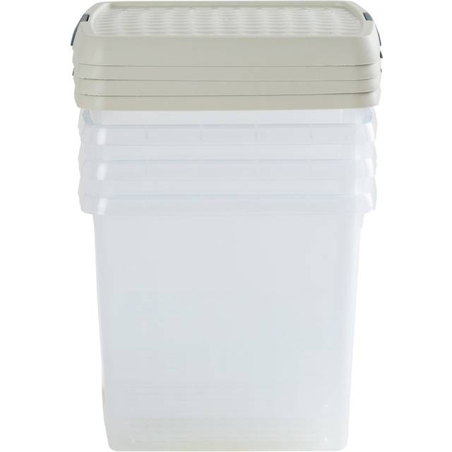 Wham Clip 14L Clear Green Milieu and Stone Square Storage Box with Lid 4 Pack
