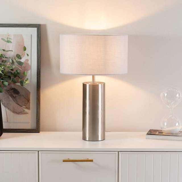 Valuelights - Lexy Brushed Chrome Touch Table Lamp with Grey Drum Shade - led Bulb Included