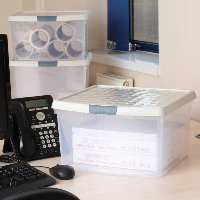 Wham Clip 25.5L Clear Stone and Slate Grey Square Storage Box with Lid 3 Pack