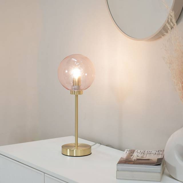 ValueLights Frenchie Pink Tinted Glass Globe Gold Stem Table Lamp