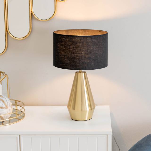 ValueLights Jax Gold Dimmable Touch Table Lamp with Black Shade & Bulb