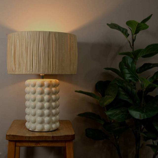 Kiran Ceramic Stone Bubble Table Lamp with Raffia Lamp Shade and LED Bulb - Cream (45cm H X 37.5cm D)