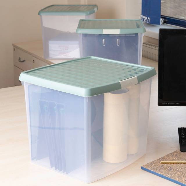 Wham Clip 37L Clear Green Milieu and Stone Square Storage Box with Lid 3 Pack