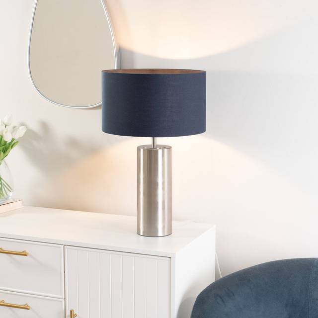 Lexy Fabric Drum Shade with Chrome Dimmable Touch Table Lamp with LED Bulb - Navy - One Size