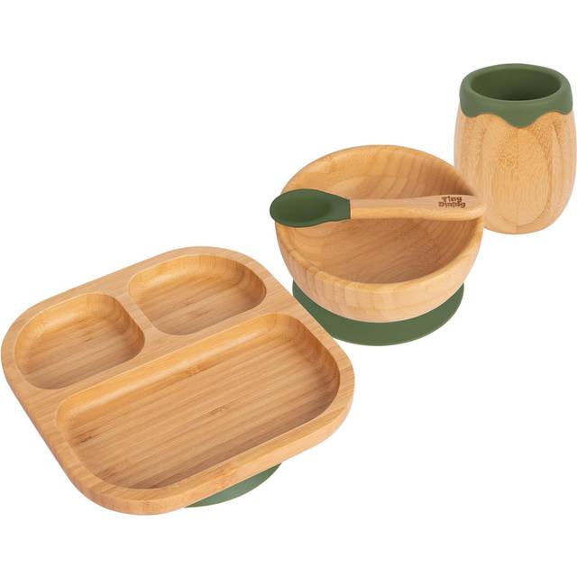4pc Divided Bamboo Suction toddler, baby and Children's Feeding Set - Olive
