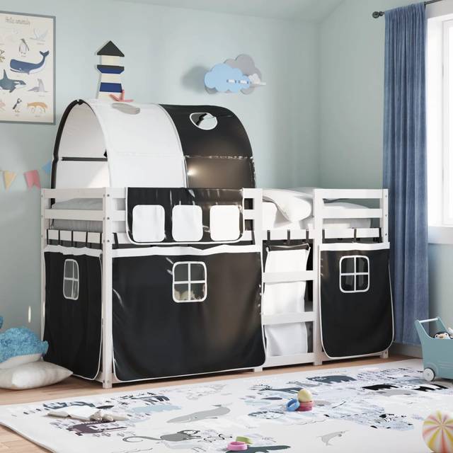 Vidaxl Bunk Bed With Curtains 90X200 Cm Solid Wood Pine - Black (112cm H X 95.5cm W X 205.5cm L)