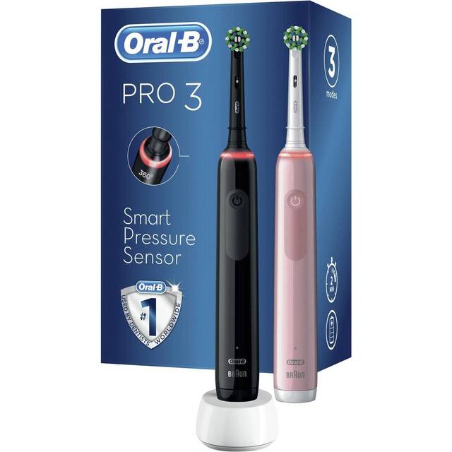 Oral-B Pro 3 3900 Tvåpack, Svart och rosa Eltandborste, 3 tandborsthuvuden, Designed By Braun
