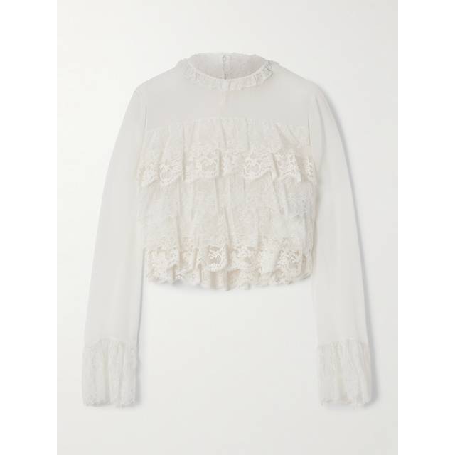 Lace Ruffle Long-Sleeve Silk Crop Top - ICONIC MILK - 42 FR (10 US)