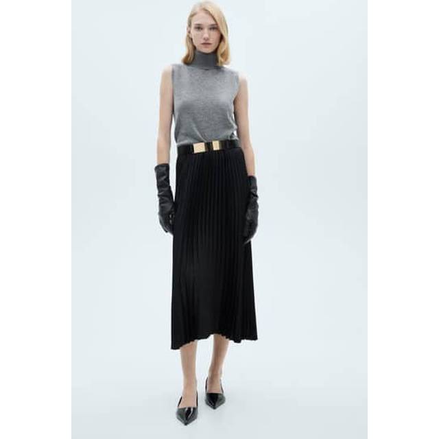 Mango Plisado Pleated Midi Skirt, Black