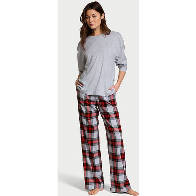 Victoria's Secret Heather Grey Tartan Plaid Long Sleeve T-Shirt Flannel Pyjama Set - heather grey tartan plaid - XS REG
