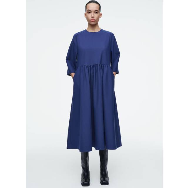 Gathered Wool-Blend Midi Dress - Blue - 34