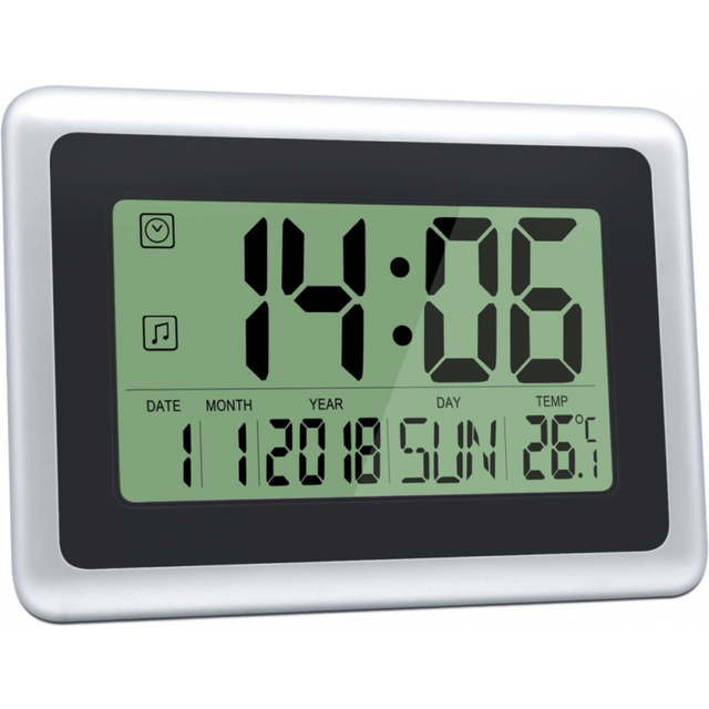 HeQiao Slim Large LCD Digital Alarm Clock Day Date Digital Calendar Day Clock Large Digital Wall Clock Silent Desk Clocks Battery Alarm Clock for...