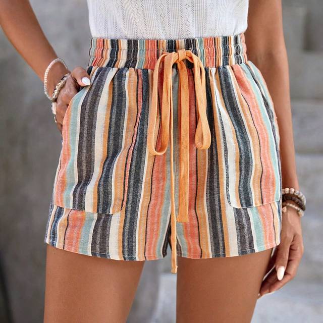 Travachic Summer Beach Striped Drawstring Waist Slant Pocket Shorts