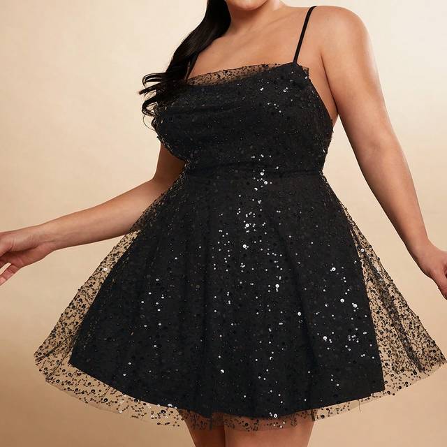 SHEIN Plus Size Fall Elegant Sweet Party Woman White Shiny Sequins Spaghetti Strap Waist Lotus Leaf Hem Mini Dress