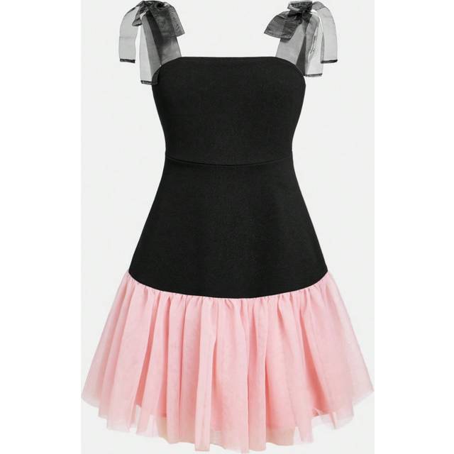 SHEIN Tween Girl Elegant Contrast Color Splicing Ribbon & Bow Decor Waisted Mesh Ruched Flared Slip Dress