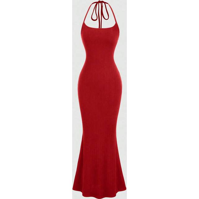 Sweetra Solid Color Halter Tie Back Casual Long Dress Burgundy Maxi Women Outfit