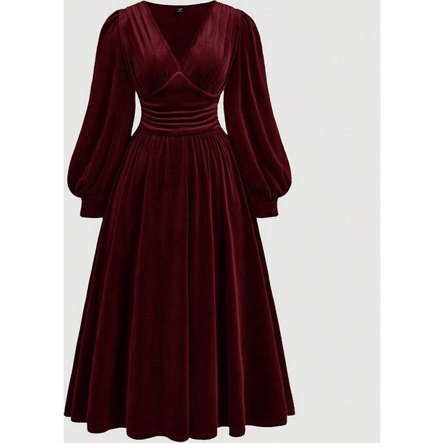 SHEIN Plus Size Velvet Cinched Waist Lantern Sleeve Midi Dress
