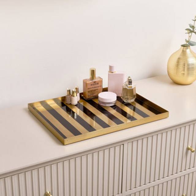 Large Rectangle Black & Gold Striped Metal Tray Material: Home Decor & Accessories