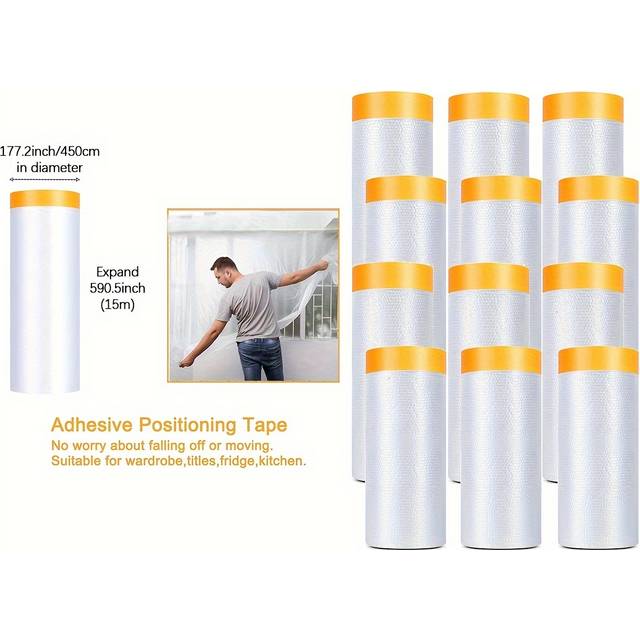 TEMU 1 Case Of 12pcs Wholesale Used For Car Painting, Protection, Home Decoration, House Decoration, 30mm.55mm.110mm.180mm.240mm.320mm.400mm.450mm Masking Film Pre-adhesive Masking Paper Rolls