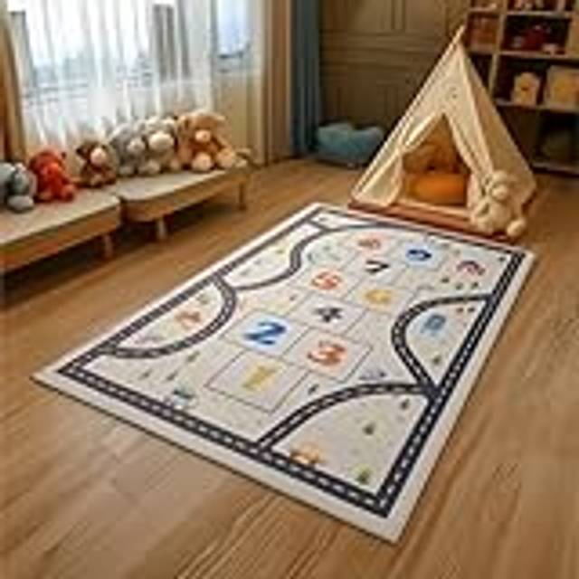 Navaris Färgglad lekmatta för barn – 120 x 160 cm – lekmatta med väg och hinkelbana – med halkskydd – barnrumsmatta - beige