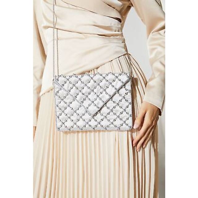 Satin Beaded Envelope Clutch Bag With Shoulder Strap - Silver - One Size
