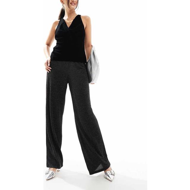 Vero Moda – Mixa & matcha – Svarta, glittriga byxor med vida ben-Svart/a