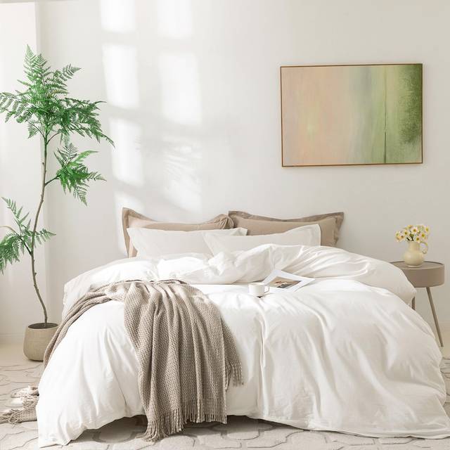 BDEAR Linen Feel Duvet Cover Queen Size  100% Washed Cotton Comforter Cover Size 90x90inch with Zipper Closure and 2 Pillowcases  Solid-Off White
