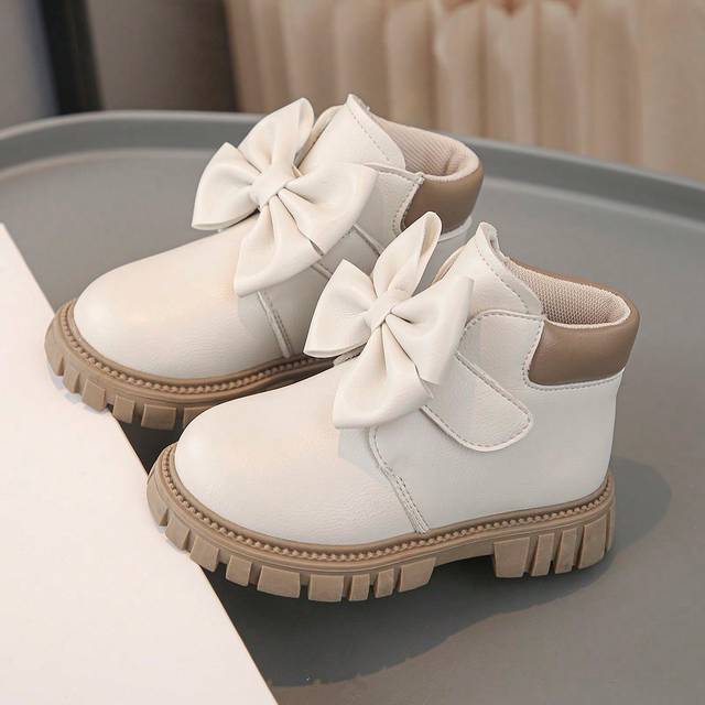 SHEIN 1 Pair Children&#39;s Fashionable New Lychee Texture PU Hook And Loop Design Bow Decor Non-Slip Soft Durable Chelsea Short Boots