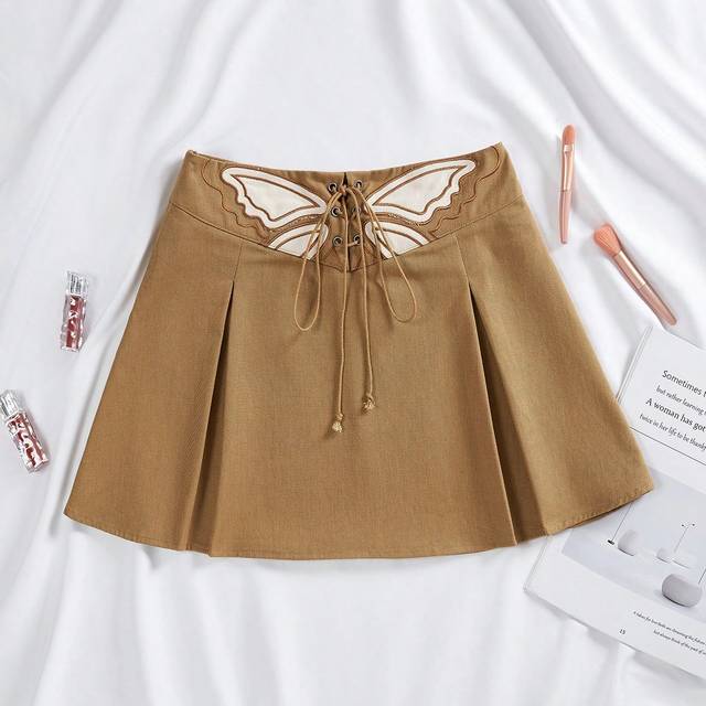 SHEIN Embroidery Butterfly Pattern Lace Up Front Fold Pleated Detail Skirt