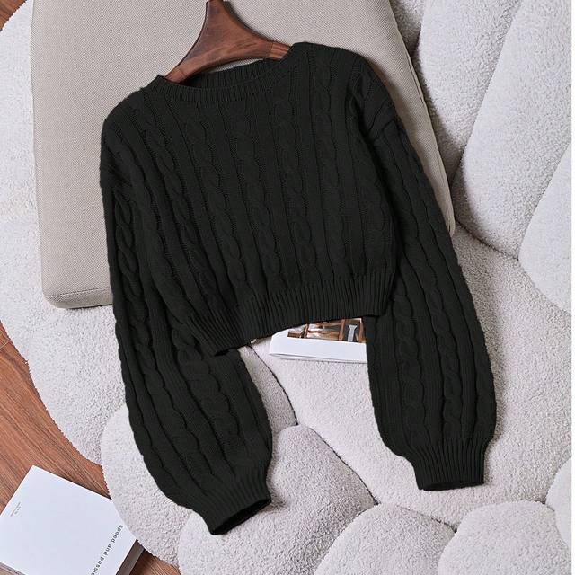 Franclia Women Casual Solid Color Dropped Shoulder Drop Shoulder Cable Knit Cropped Sweater,Long Sleeve Tops Knit Pullover Fall Winter Outfit