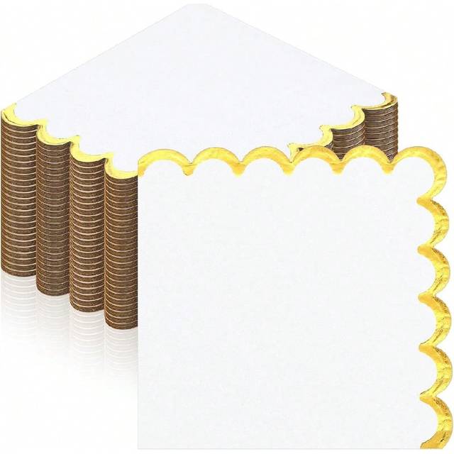 SHEIN 20/40/80pcs Scalloped Cocktail Napkins With Gold Foil Accents Beverage Napkins Scalloped Disposable Paper Napkins For Wedding Dinner Birthday Party Su