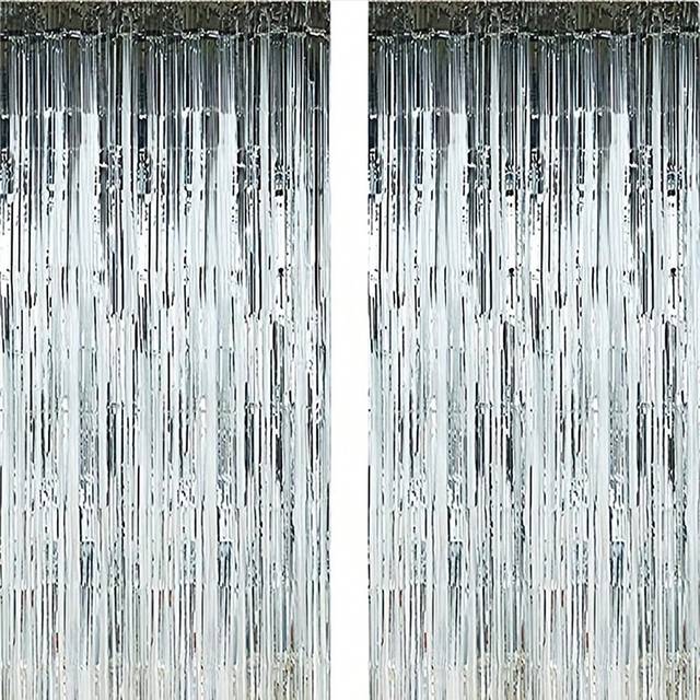 SHEIN 2pcs Metallic Foil Tassel Curtain Backdrop, Large Block & Small Block Rain Curtain, Photo Booth Background For Birthday, Wedding Season, Party, Gradua