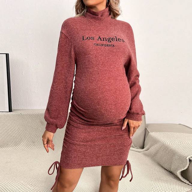 SHEIN Maternity High Neck Embroidery Letter Pattern Ruched Side Bodycon Dress