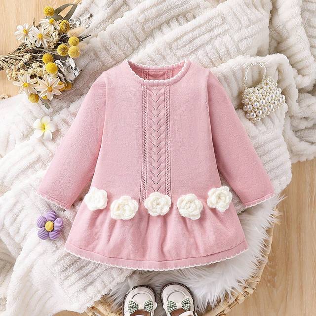 SHEIN Baby Girl Flower Applique Knit Dress, Cute & Versatile Pink Crew Neck Long Sleeve Sweater Dress, Autumn/Winter New Arrival