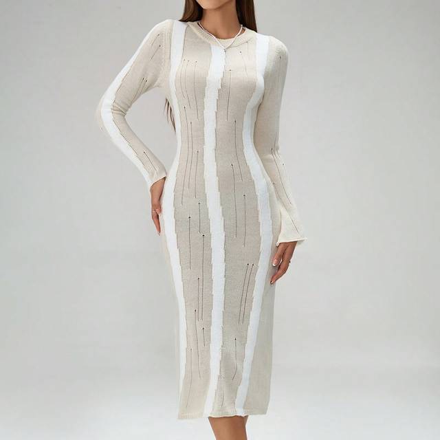 Rafferiza Color Block Round Neck Front Button Elegant Long Sleeve Sweater Dress