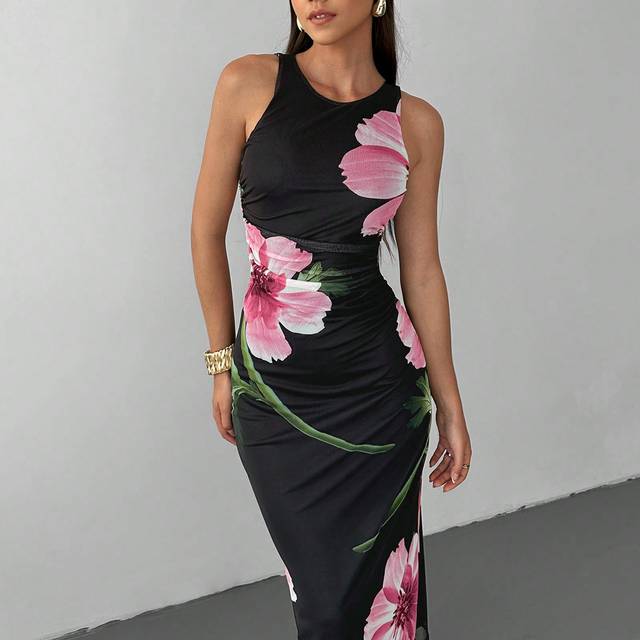Aloruh Women Floral Print Figure-Hugging Dress, Sexy & Fashion , Perfect For Vacation, Autumn/Winter