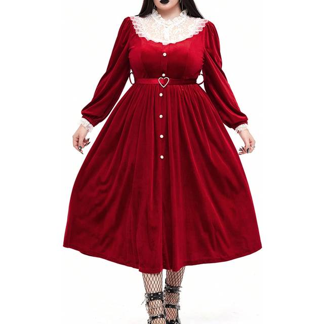 Whyspr Dark Punk Goth Style Floral Lace Collar Patchwork White Lace And Red Velvet Long Sleeve Dress, Elegant For Date, Christmas, Autumn/Winter For New Year
