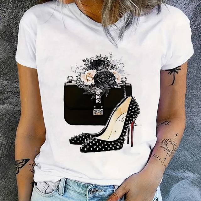 TEMU High Heels Neck T-shirt, Casual Short Sleeve T-shirt For , Women's Clothing
