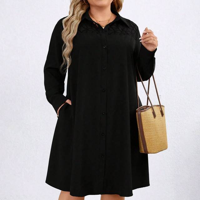 SHEIN Plus Size Women&#39;s Autumn Long Sleeve Single-Breasted Pocket Casual Shirt Dress
