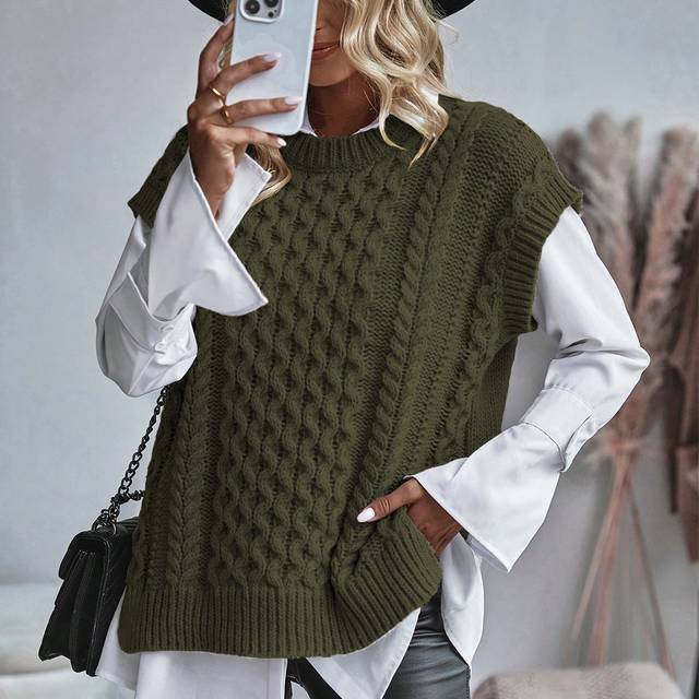 EMERY ROSE Women Casual Solid Color Side Slit Vest Sweater, Autumn