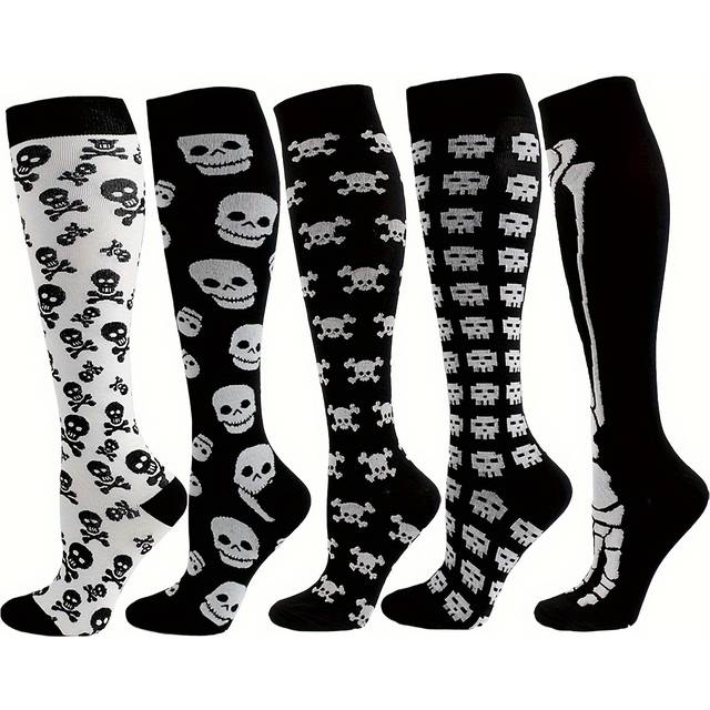 TEMU 5 Pairs Socks For Men And Women, Design, Knee-high Long , Polyester 98%, Spandex 2%, Machine Washable, Knit Fabric, Cartoon Pattern
