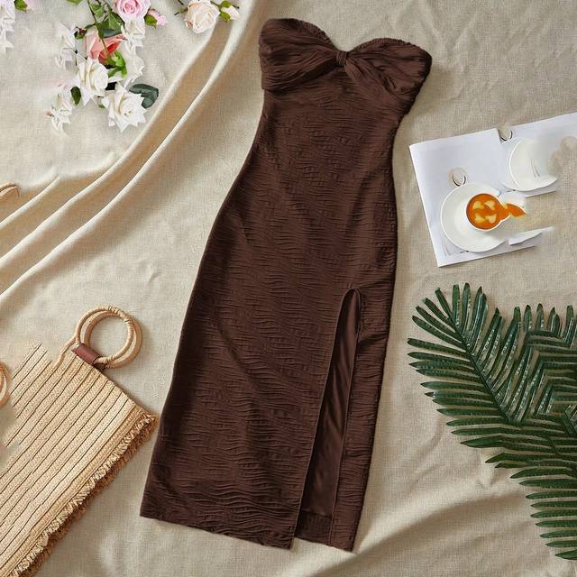 SHEIN Casual Solid Color Knitted Bodycon Cutout Slit Hem Mini Dress For Women,Summer Dresses For Women
