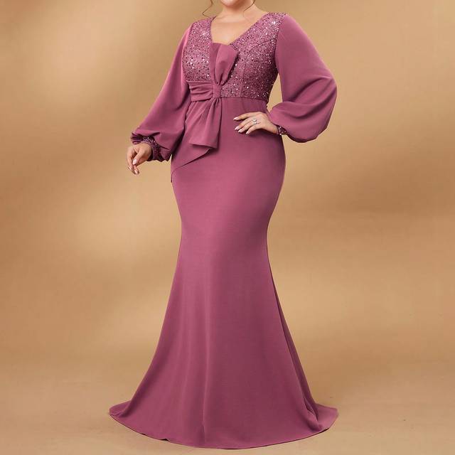 SHEIN Plus Size Deep Pink Sequins Patchwork Waistline Bow Decor Trailing Formal Evening Dress, Long Sleeve Dress, For Wedding Guest, Graduation, Dinner, Par