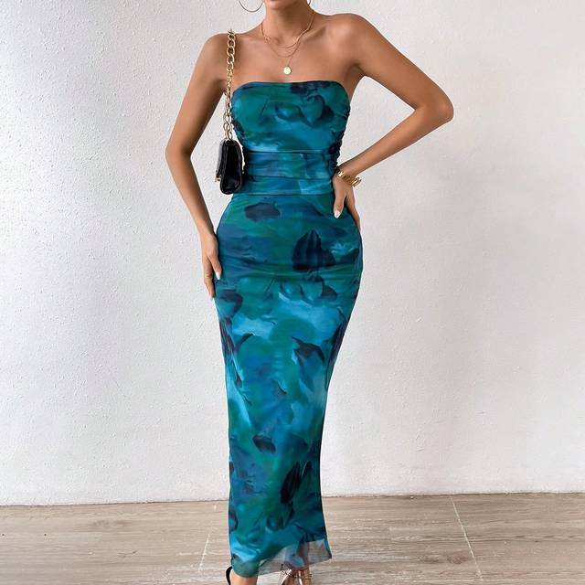 Chiquease Allover Print Ruched Side Tube Bodycon Dress Maxi Women Outfit