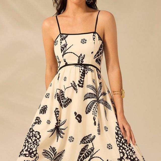 CAJUNI Women&#39;s Boho Print, Tropical Coconut Tree, Leopard, Pineapple Black Print, Halter Beige Ultra Long Dress, Summer Casual, Beach Holiday Dress