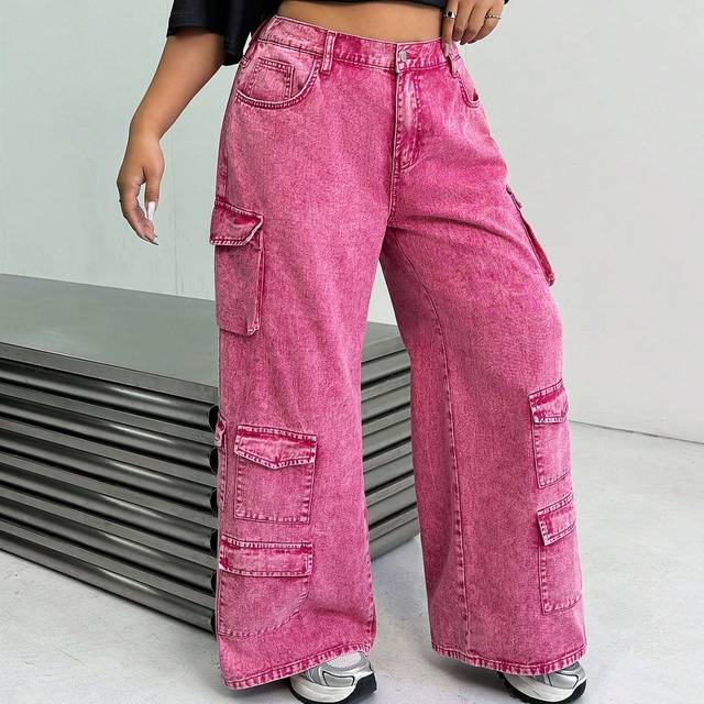 SHEIN Plus Size Casual Cotton Pink Straight Leg Denim Jeans