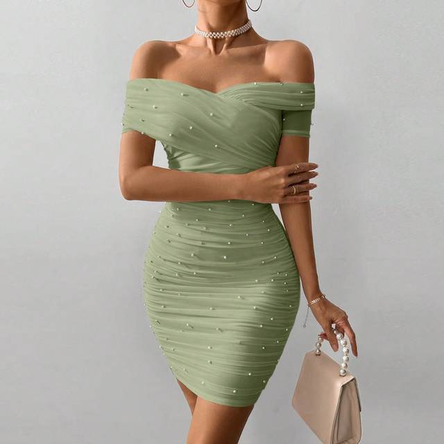 Firerie Women Off Shoulder Short Sleeve Beaded Bodycon Mini Dress,Sage Green Dress